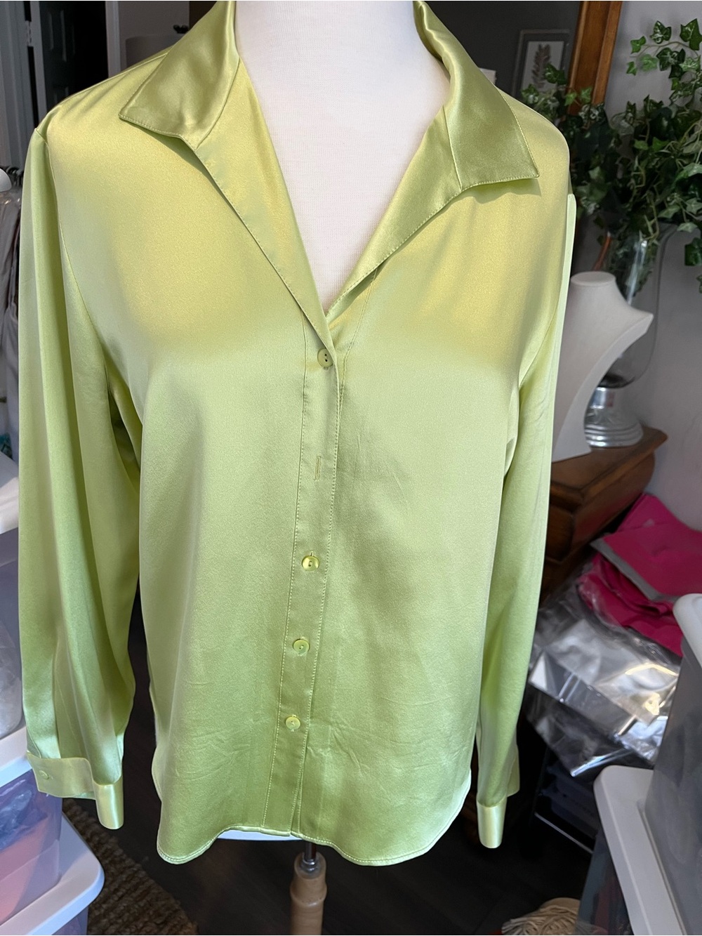 Silk Lime Green Button-Up Blouse - Women